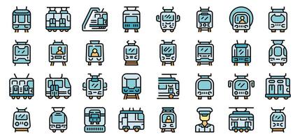 Tram icons set featuring different types of trams, a tram driver, and a tram station vector