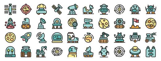 Space exploration and colonization icons set, line style vector