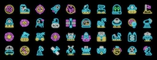 Colorful set of neon space exploration icons featuring astronaut, rocket, moon rover, satellite, telescope, and robot vector