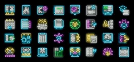 Students and teachers using learning management system neon icons set vector