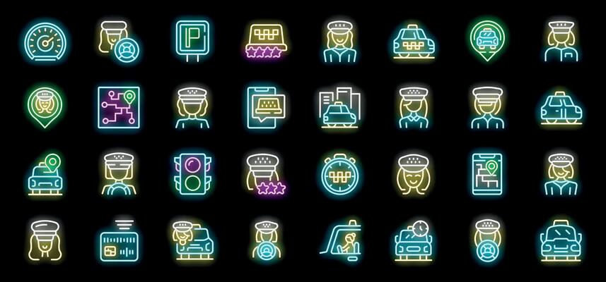 Set of neon icons representing female taxi drivers working, using apps and driving
