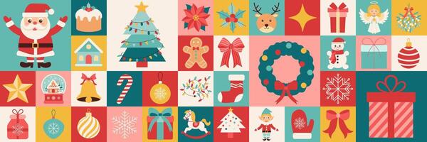 A colorful Christmas-themed image featuring Santa, a Christmas tree, and other festive decorations. The image is a collage of various Christmas themed icons and symbols, creating a cheerful vector