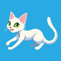 A cartoon cat is running on a blue background. The cat is white and has green eyes. The cat is smiling and he is happy vector