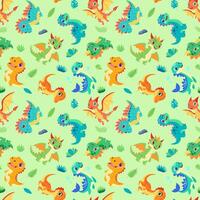 A green background with a variety of colorful dinosaurs. The dinosaurs are all different sizes and colors, and they are scattered throughout the image. Scene is playful and whimsical vector