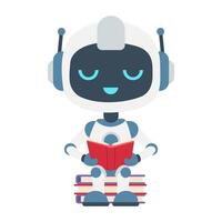 A robot is sitting on a stack of books and reading vector