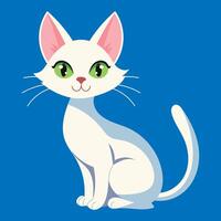 A white cat with green eyes is sitting on a blue background. The cat has a cute and friendly expression vector