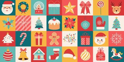 A colorful image of Christmas decorations including a Santa Claus, a Christmas tree, and a gingerbread man vector