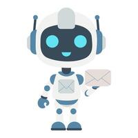 A robot is holding an envelope and smiling. The robot is white and blue vector