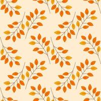 A pattern of orange and yellow leaves is spread across a white background. The leaves are stylized and appear to be in motion, giving the impression of a lively autumn scene vector
