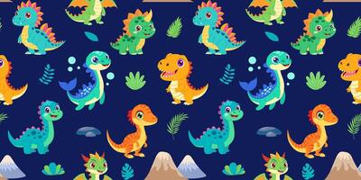 A blue background with a bunch of different colored dinosaurs. The dinosaurs are all smiling and seem to be having a good time vector