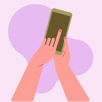 Human hands with mobile phone, empty blank screen illustration. Arms touch the device. vector