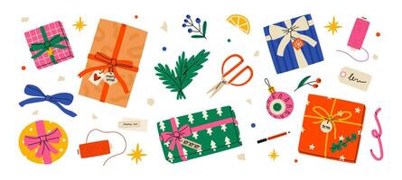 Christmas gifts preparation set. DIY present boxes in colorful wrappings with bows and branches, scissors, decoration. Flat illustrations isolated on white background. vector