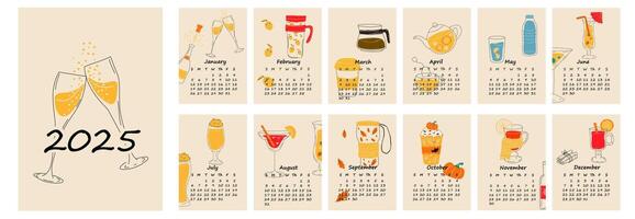 2025 calendar design with different drinks for different seasons. Hand drawn calendar planner minimal style, annual organizer. vector