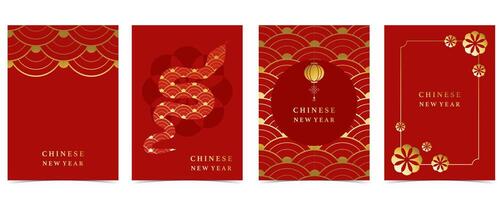 Happy Chinese New Year on red background with sake and gold line vector