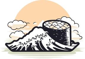 A cartoon illustration of a bowl of rice with a mountain in the background vector