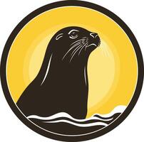 A seal in the ocean with waves and sun in the background vector