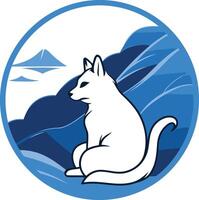 A white cat sitting on a mountain with a mountain in the background vector