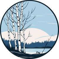 A circular design with birch trees and a lake vector