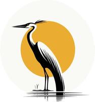 Heron standing on water with sun in background vector
