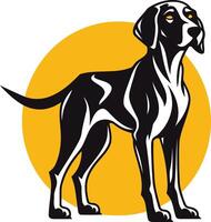 A black and white dog standing in front of a yellow circle vector