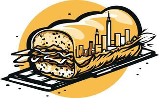 A sandwich with a city skyline on it vector