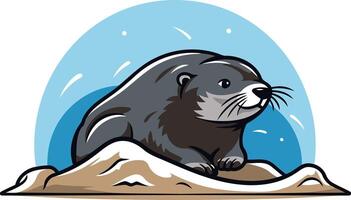An otter sitting on a rock in the snow vector