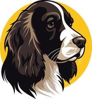 A dog with a black and white coat in front of a yellow circle vector