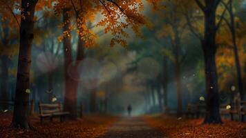 A serene autumn park path, lined with trees and covered in fallen leaves, creating a peaceful, seasonal atmosphere video
