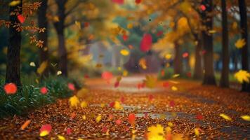 A serene autumn park path, lined with trees and covered in fallen leaves, creating a peaceful, seasonal atmosphere video