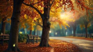 A serene autumn park path, lined with trees and covered in fallen leaves, creating a peaceful, seasonal atmosphere video