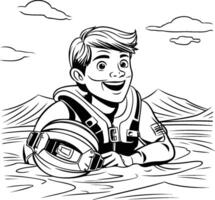 A cartoon boy in the water coloring page vector