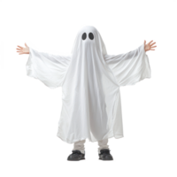 A child in a ghost costume, spreading their arms wide and pretending to float. isolated on transparency background png