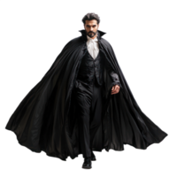 A man dressed as a vampire, with a dramatic cape flourish and a menacing grin. isolated on transparency background png