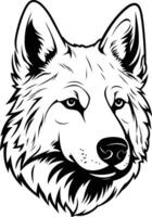 The head of a wolf is shown in black and white vector