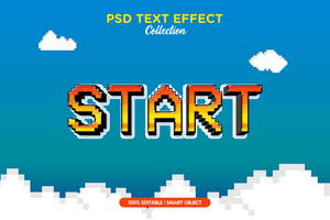 The word start in pixel style with clouds in the background psd
