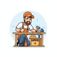 A man in an orange hat is working on a table with tools vector