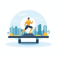 Man running on a treadmill with cityscape background vector