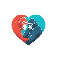 Two gorillas hugging in front of a heart vector