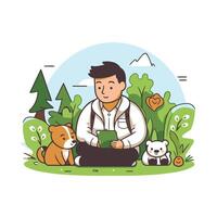 Man with dog and cat in the park vector
