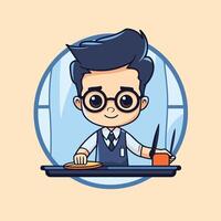 A cartoon character with glasses and a tie sitting at a table vector