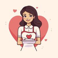 A woman in apron holding a heart shaped plate vector
