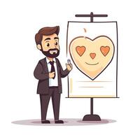 Man with beard and glasses standing next to a poster with a heart shape vector