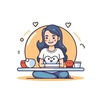 A woman is sitting on a table with a laptop and a cup of coffee vector