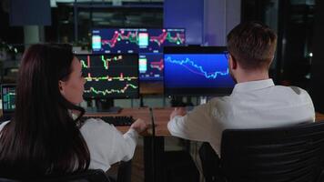bak- se av kreativ team av kryptovaluta handlare analyserar bitcoin grafer. tillväxt och släppa i kryptovalutor video