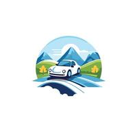 A car driving on the road with mountains in the background vector