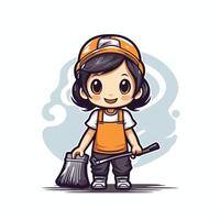 A cartoon character with a broom and a hat vector