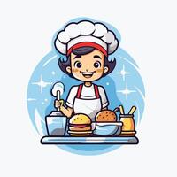 A cartoon chef with a hamburger and a bowl of ketchup vector