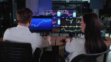 bedrijf team handel aandelen. voorraad handelaren op zoek Bij grafieken, indexen en getallen Aan meerdere computer schermen. collega's in discussie in handelaren kantoor video