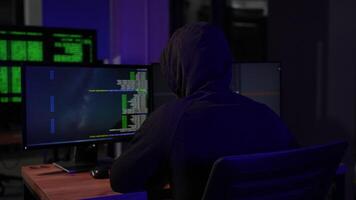Hooded Hacker Breaking into Corporate Data Servers from His Underground Hideout video