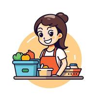 A woman is standing in front of a table with a basket of vegetables vector